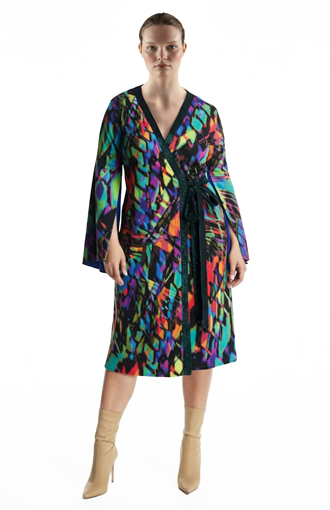 plus size model is wearing a printed wrap jersey dress