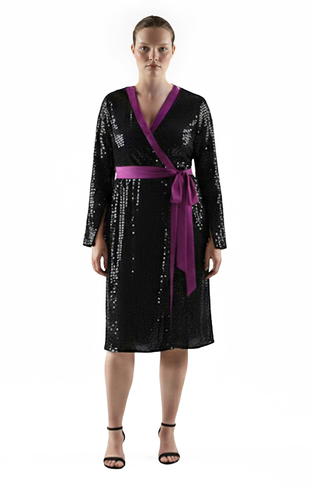 Plus size model wearing black sequin wrap dress with purple details