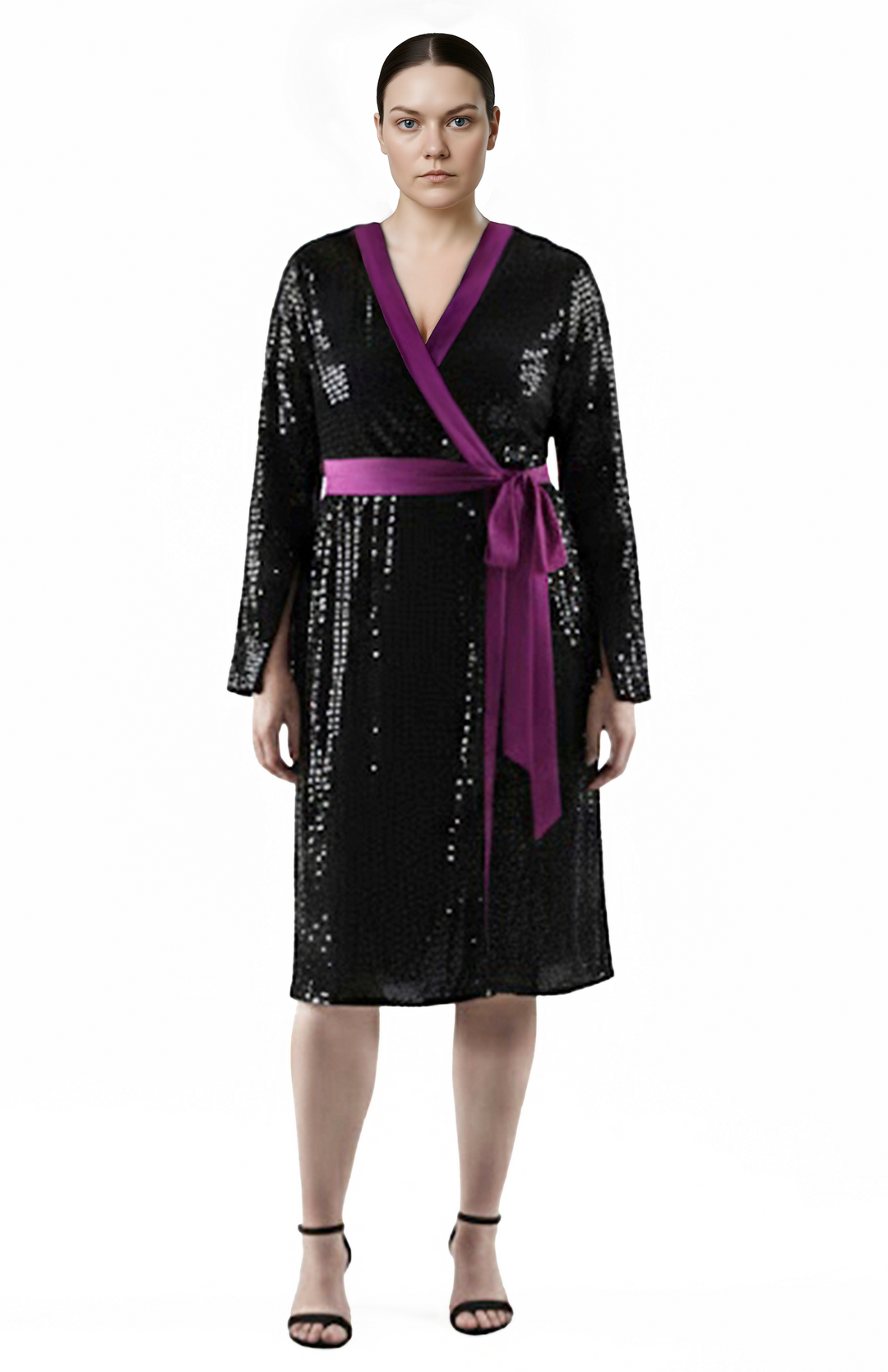 Plus size model wearing black sequin wrap dress with purple details