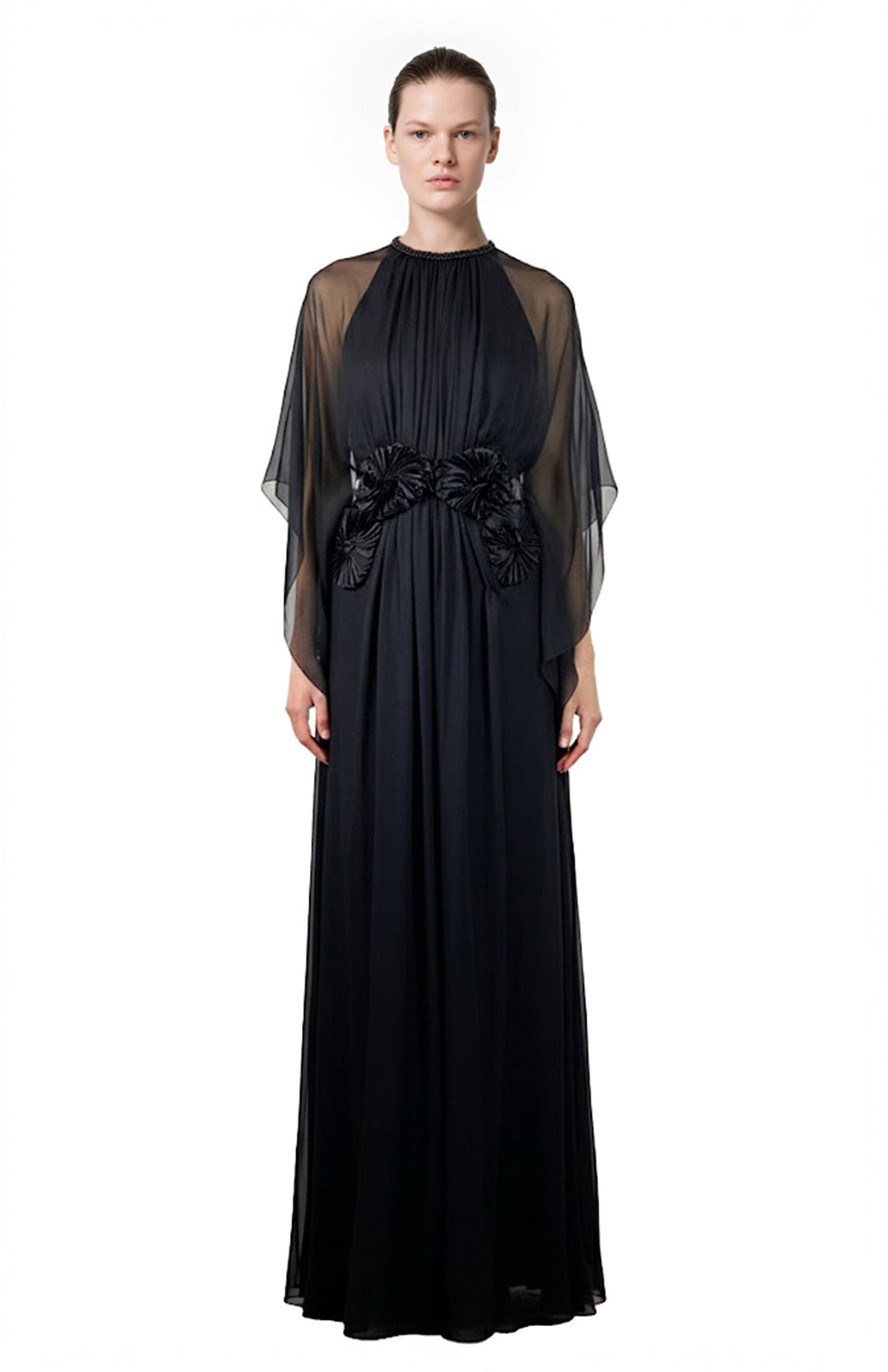 model wearing a long black silk chiffon gown