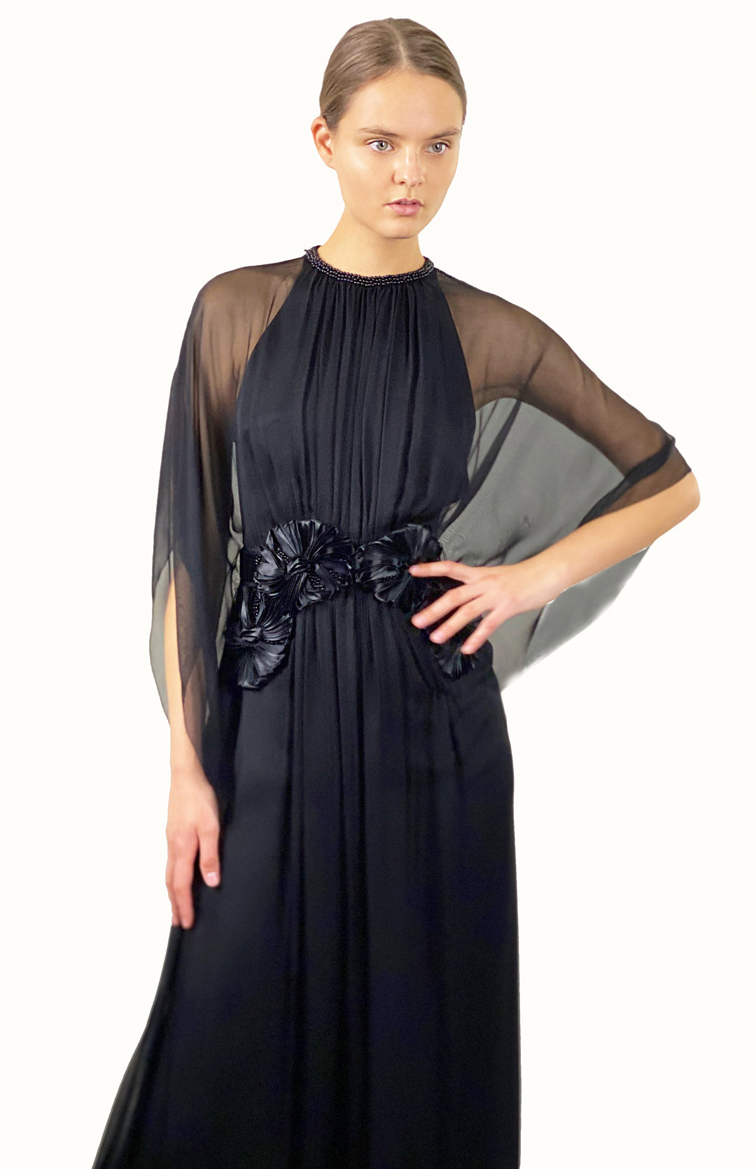long black silk chiffon gown