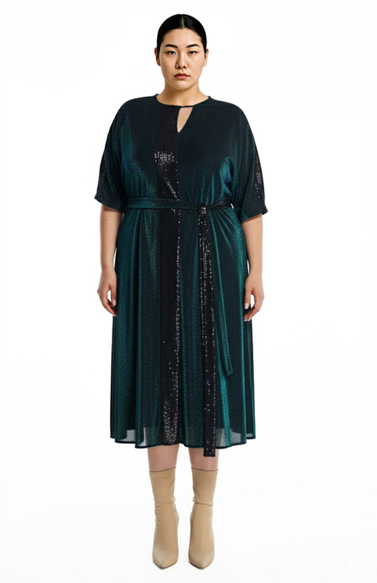 plus size model is wearing metallic green and black dress