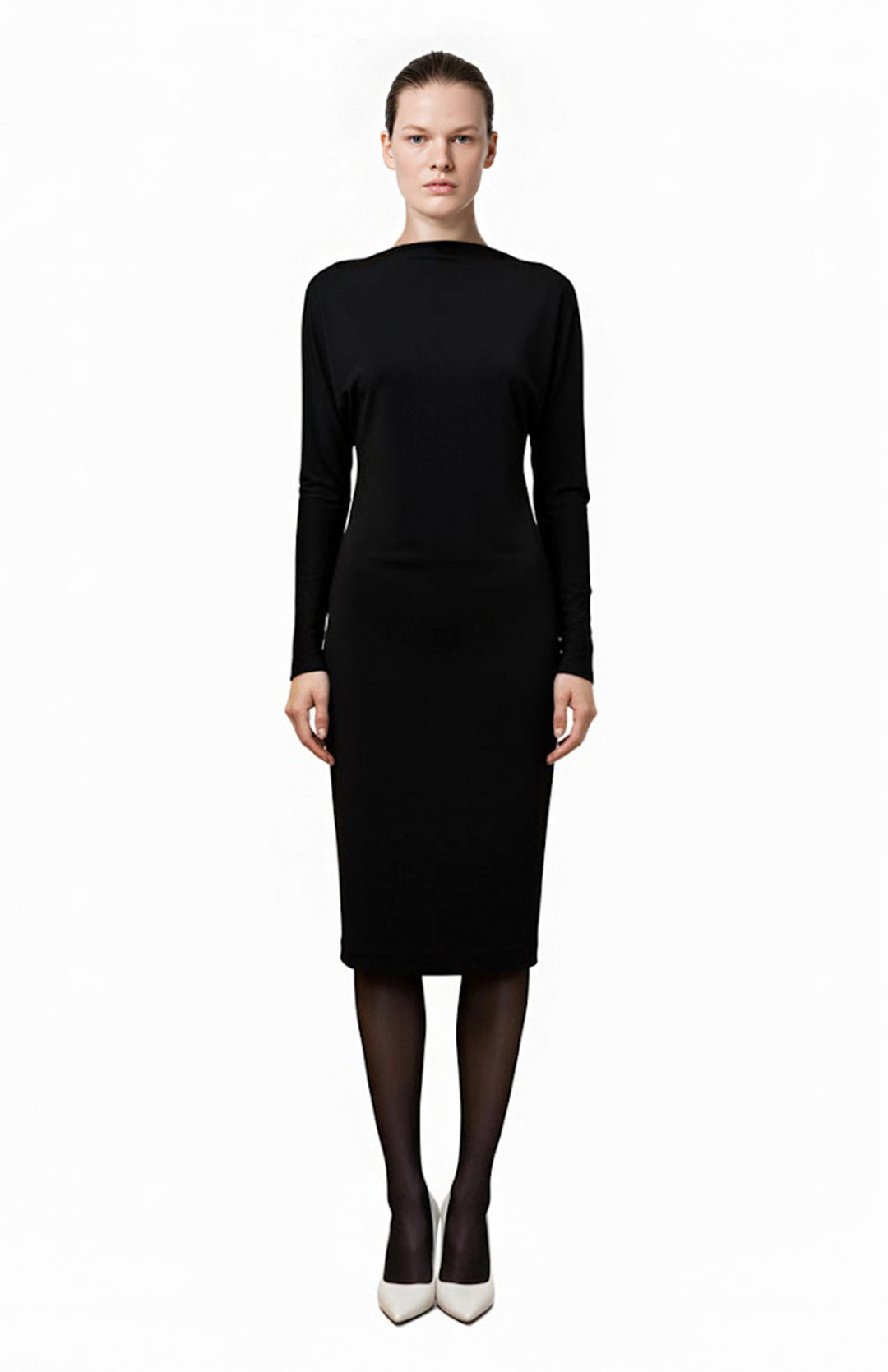 model wearing knee length black cocktail dress