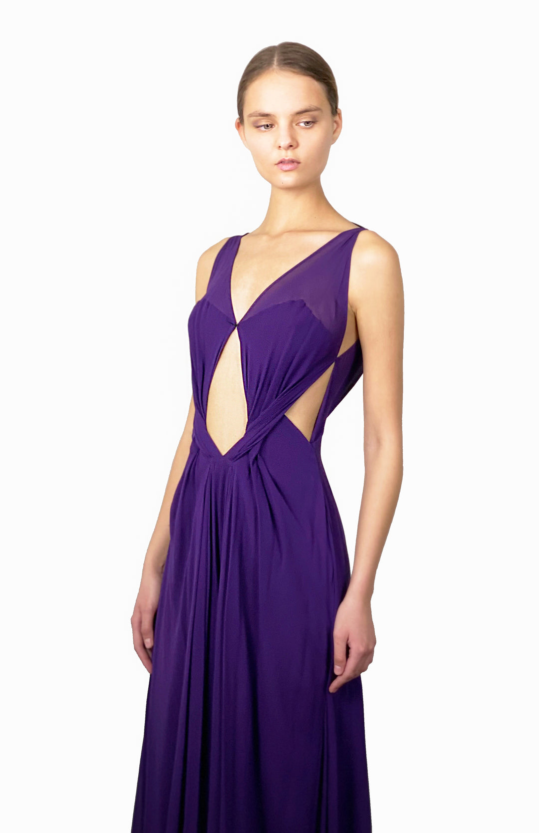 long purple grecian draped silk gown