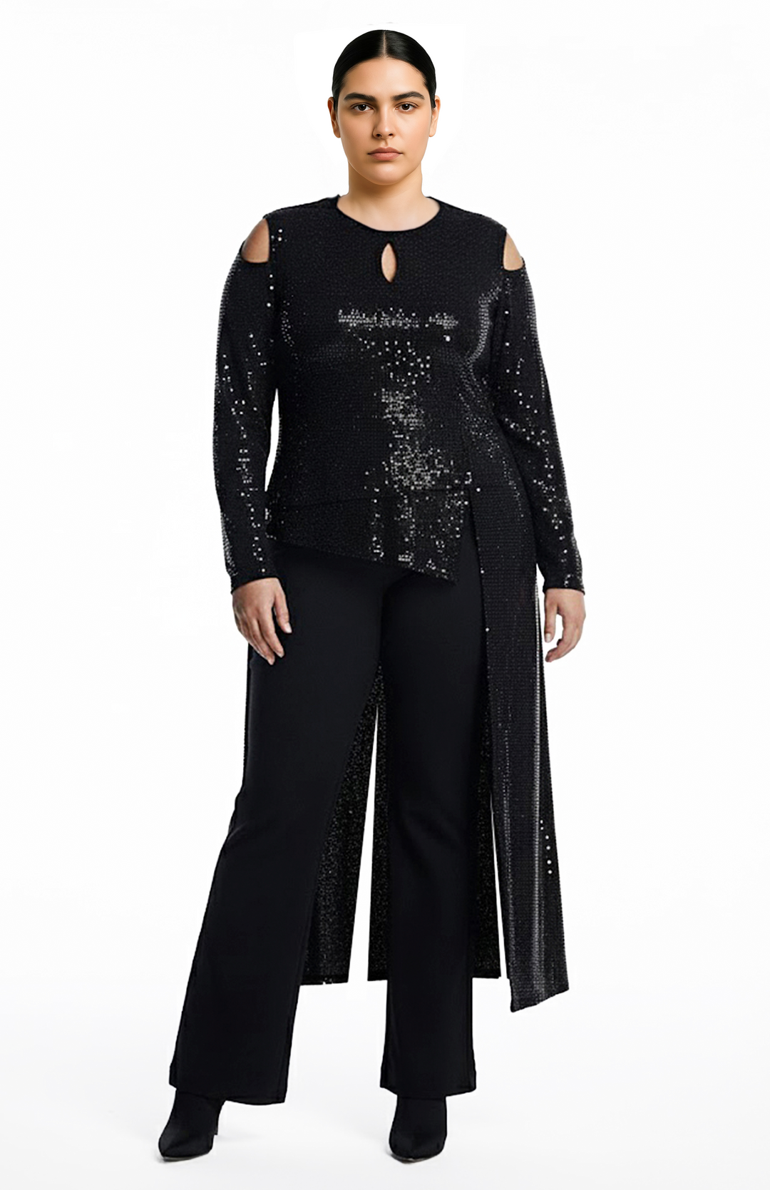plus size moder wearing black sequin top and pants