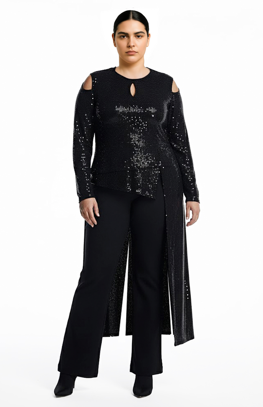 plus size moder wearing black sequin top and pants