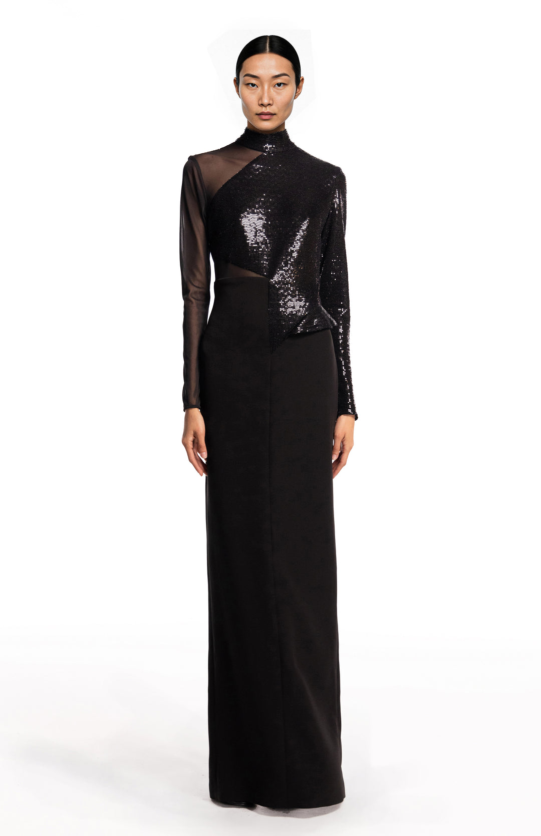 model wearing an elegant long black gown 