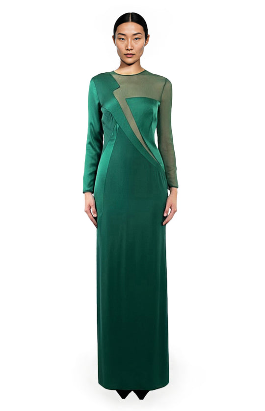model wearing Long Emerald green silk gown