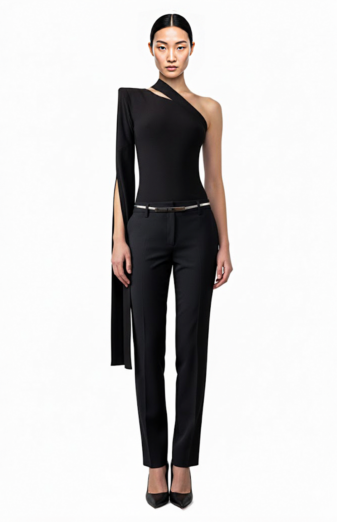 model is wearing one shoulder bodysuit with cutouts