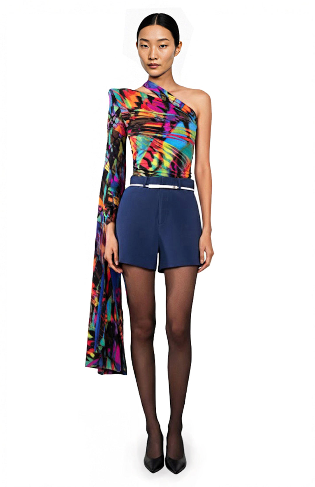 model wearing one sleeve animal print bodysuit and navy shorts