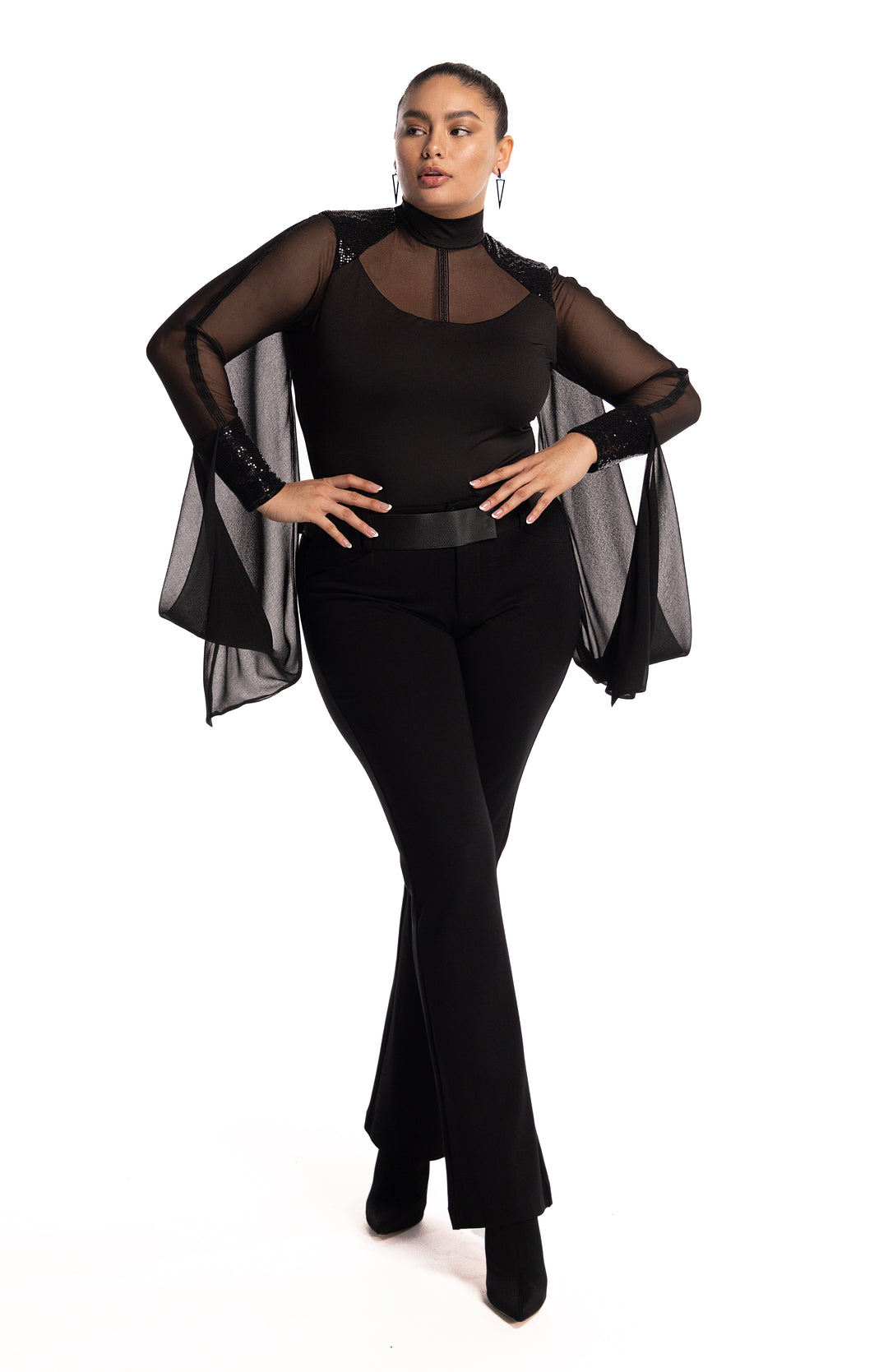 Eretria | Elegant Bodysuit With Sheer Panels And Draped Sleeves