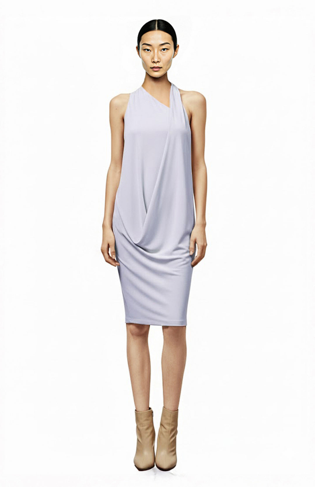 model wearing a draped jersey dress