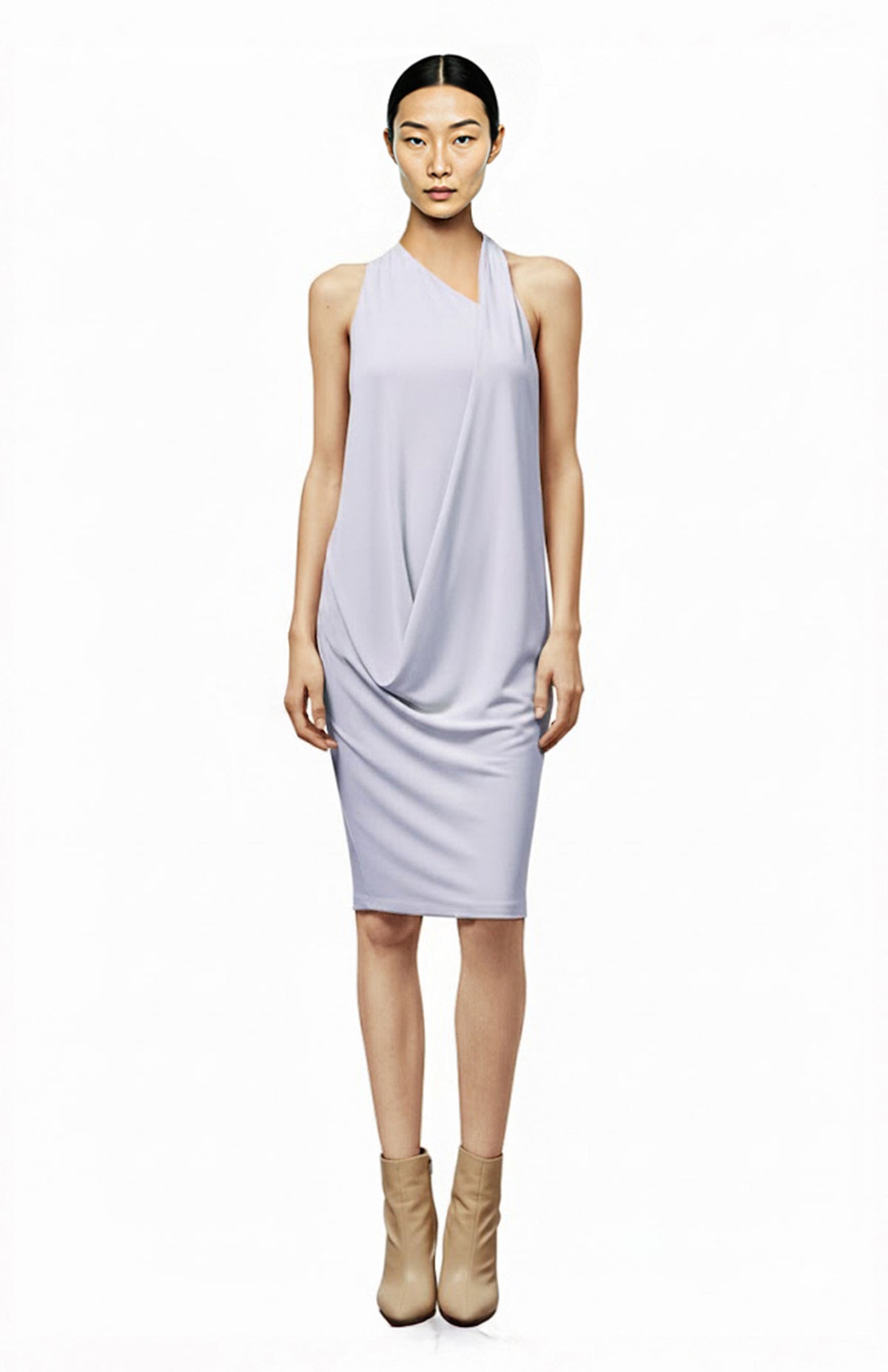 model wearing a draped jersey dress