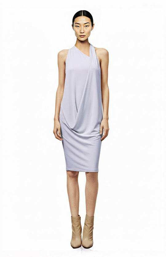 model wearing a draped jersey dress