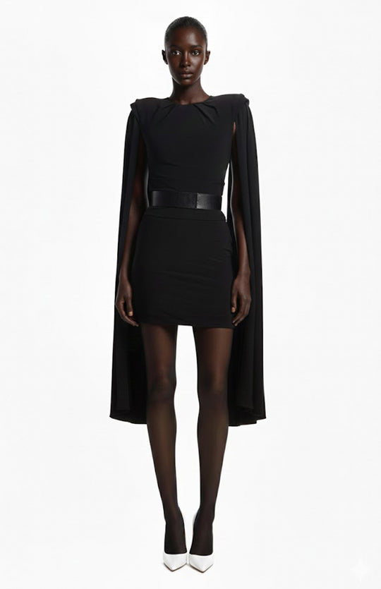 mini dress with draped cape sleeves