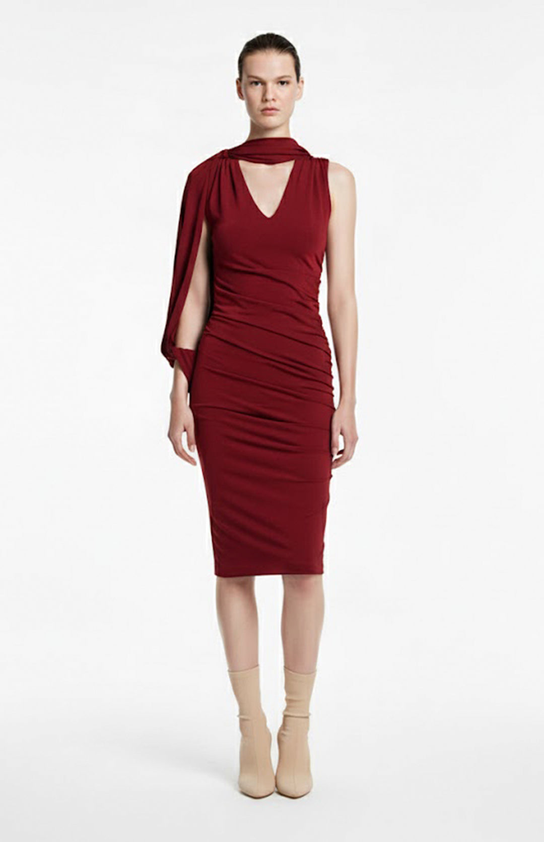 knee length red draped jersey dress