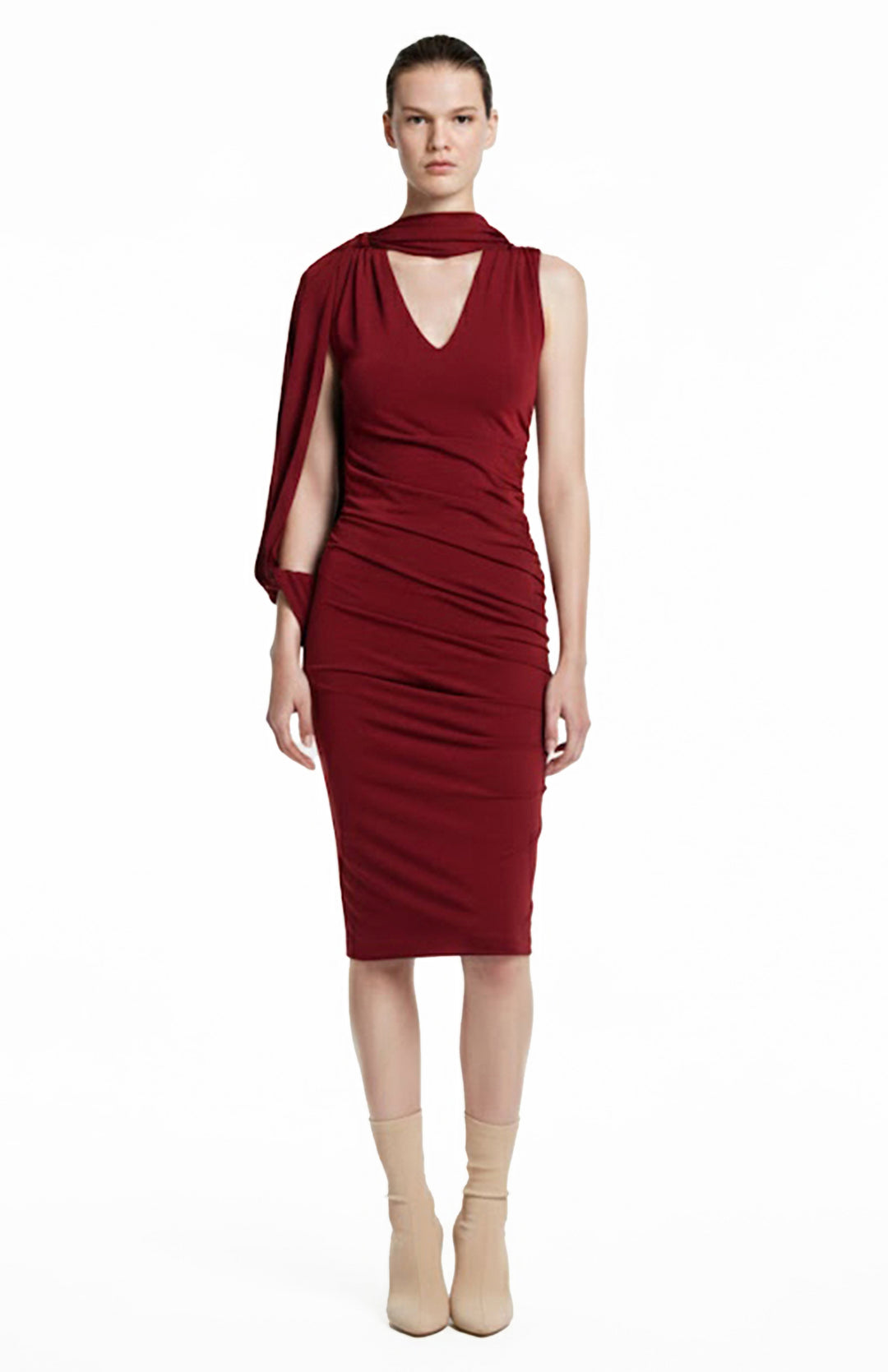 knee length red draped jersey dress