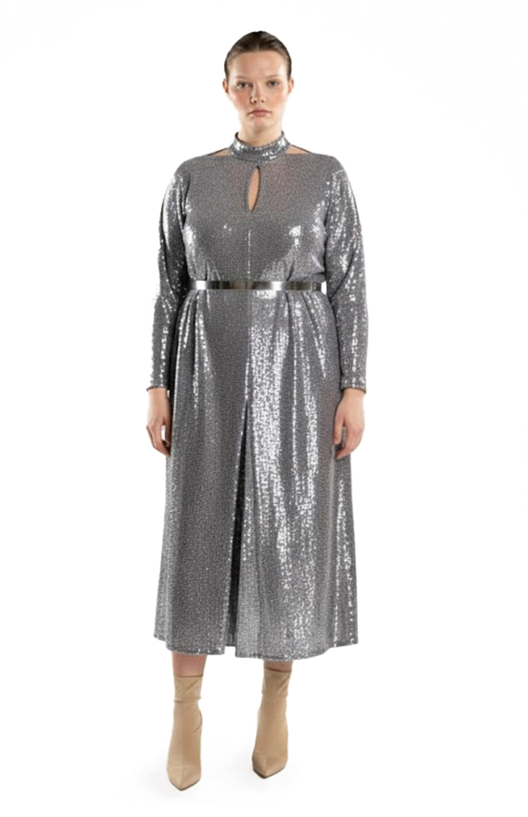 silver sequin plus size dress with cutouts