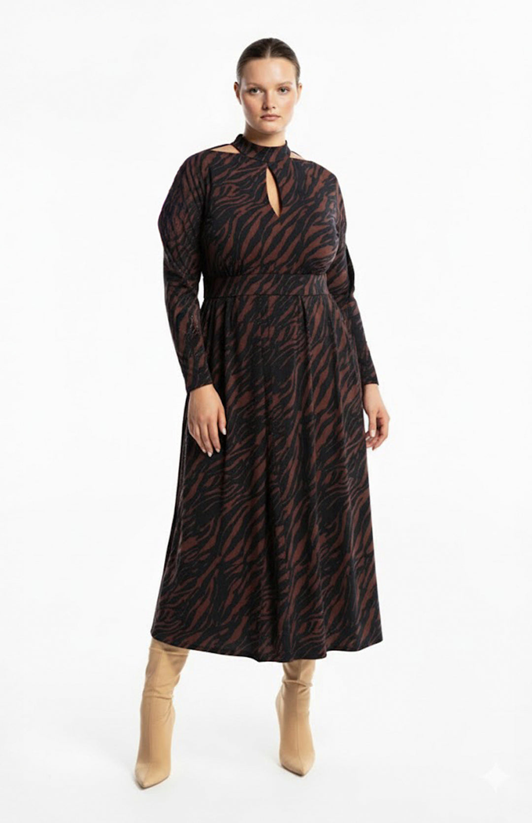 plus size model wearing brown animal print jersey dress