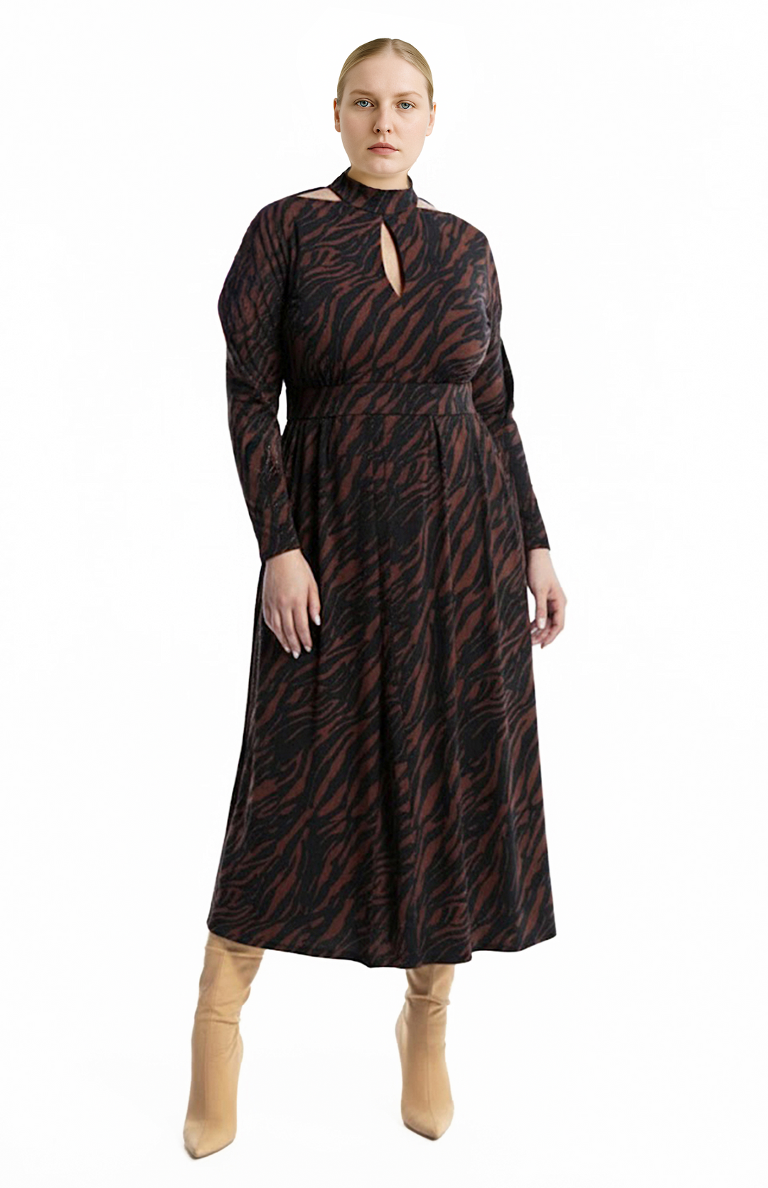 plus size model wearing brown animal print jersey dress