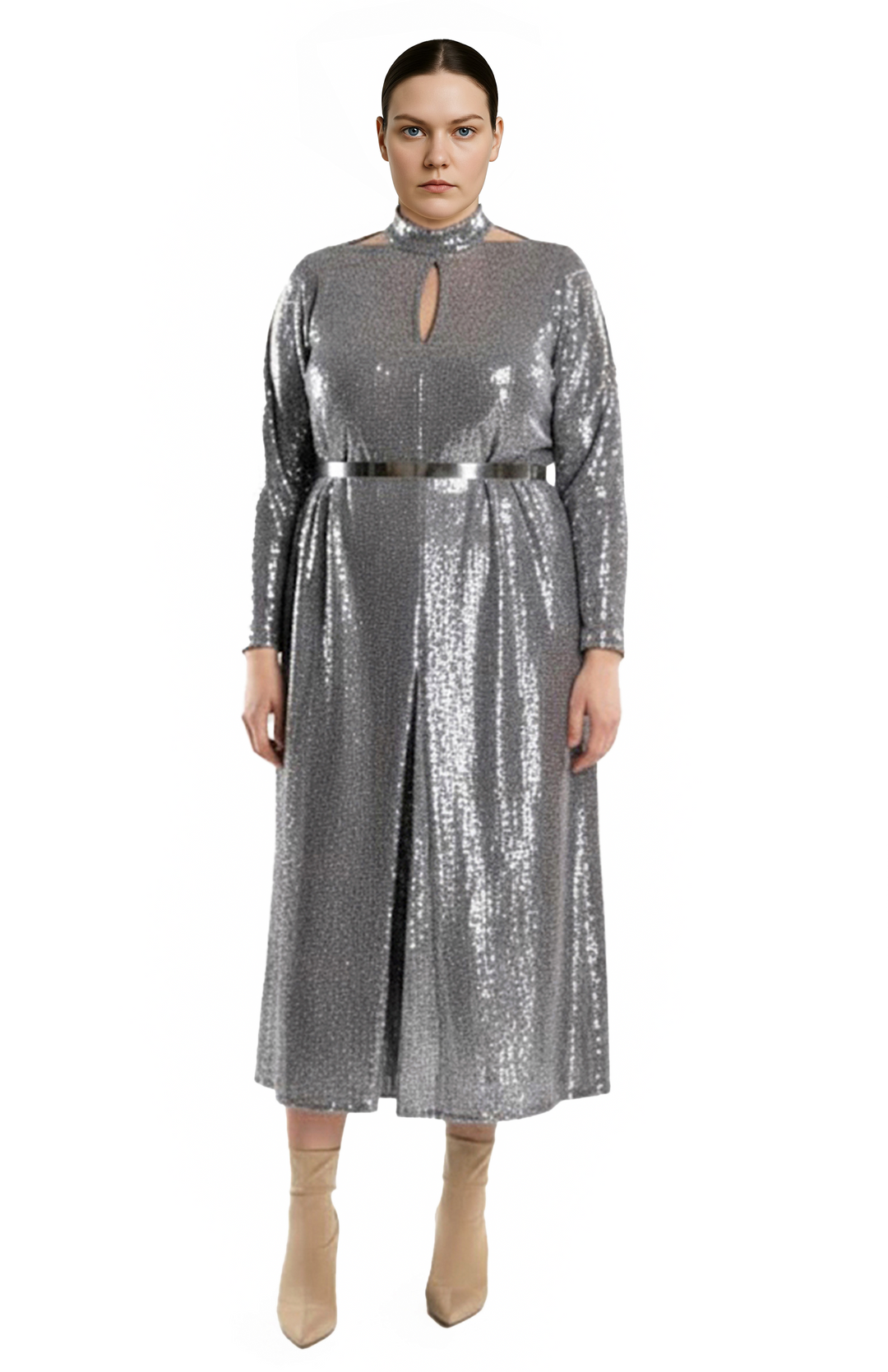 silver sequin plus size dress with cutouts