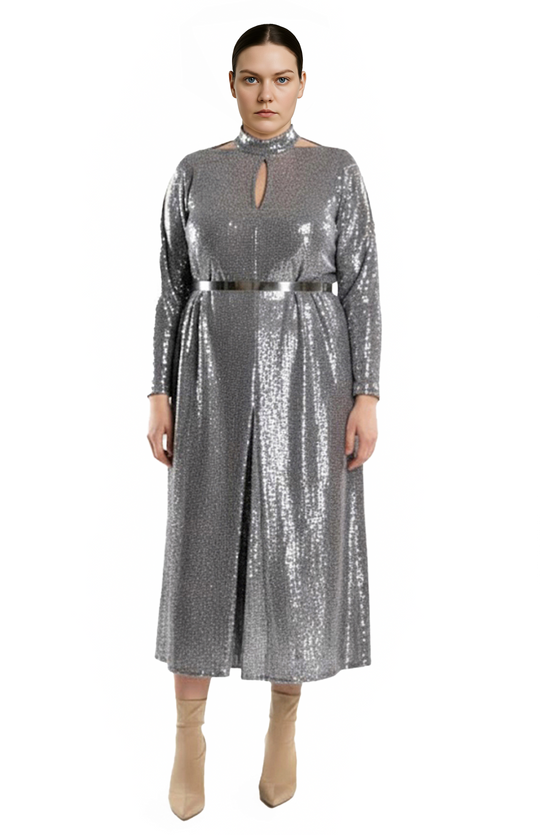 silver sequin plus size dress with cutouts