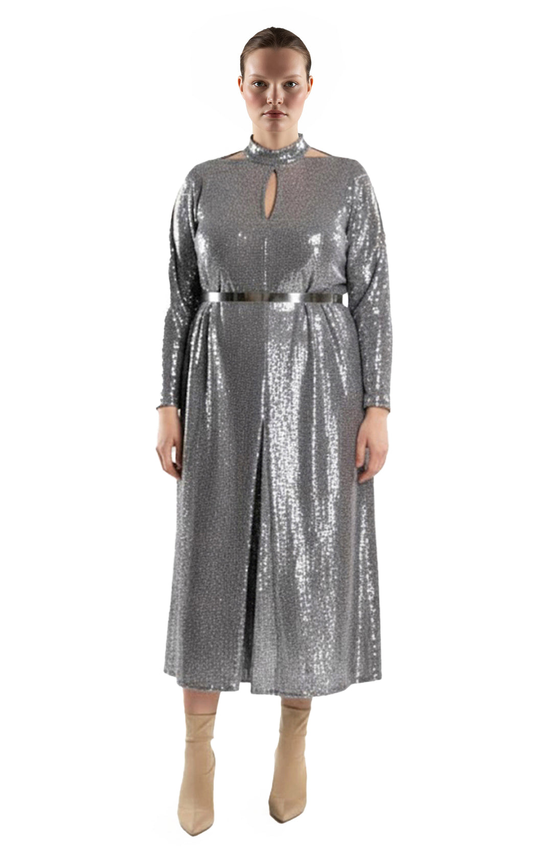silver sequin plus size dress with cutouts