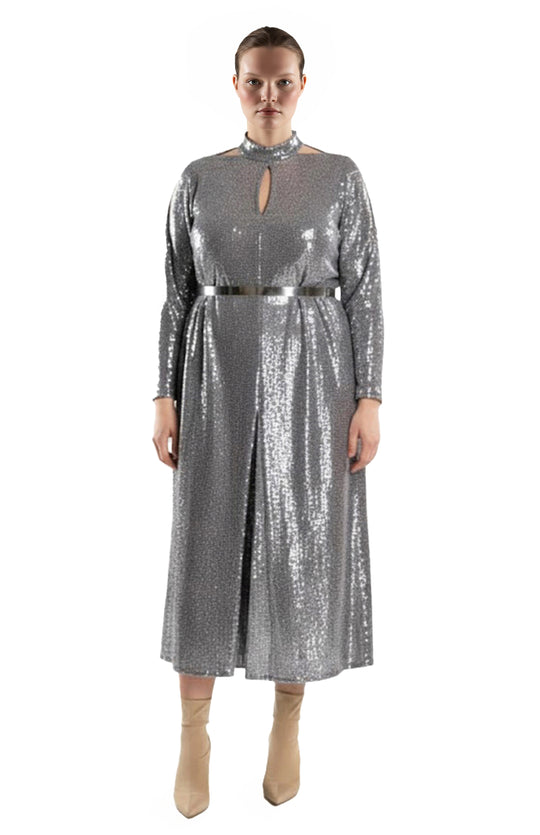silver sequin plus size dress with cutouts
