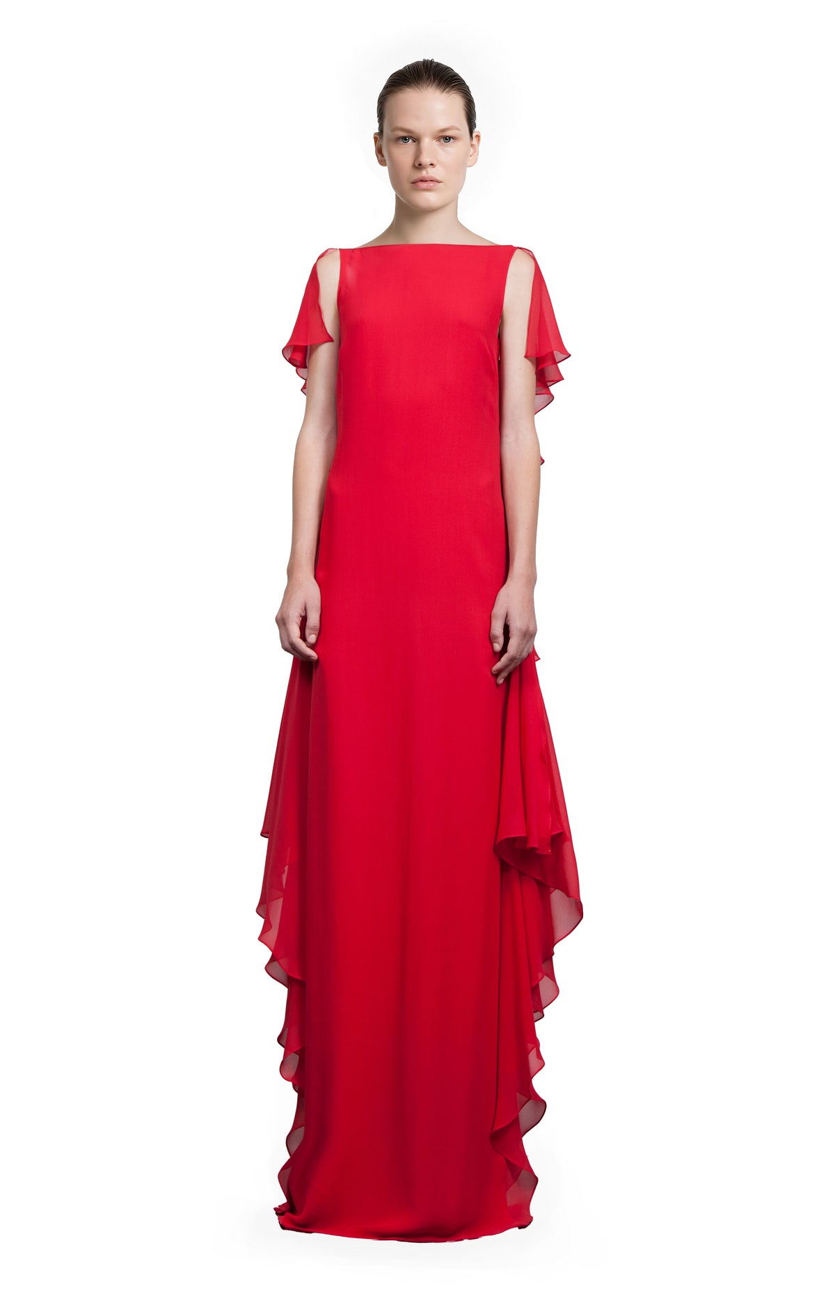 model is wearing long red silk dress with frills