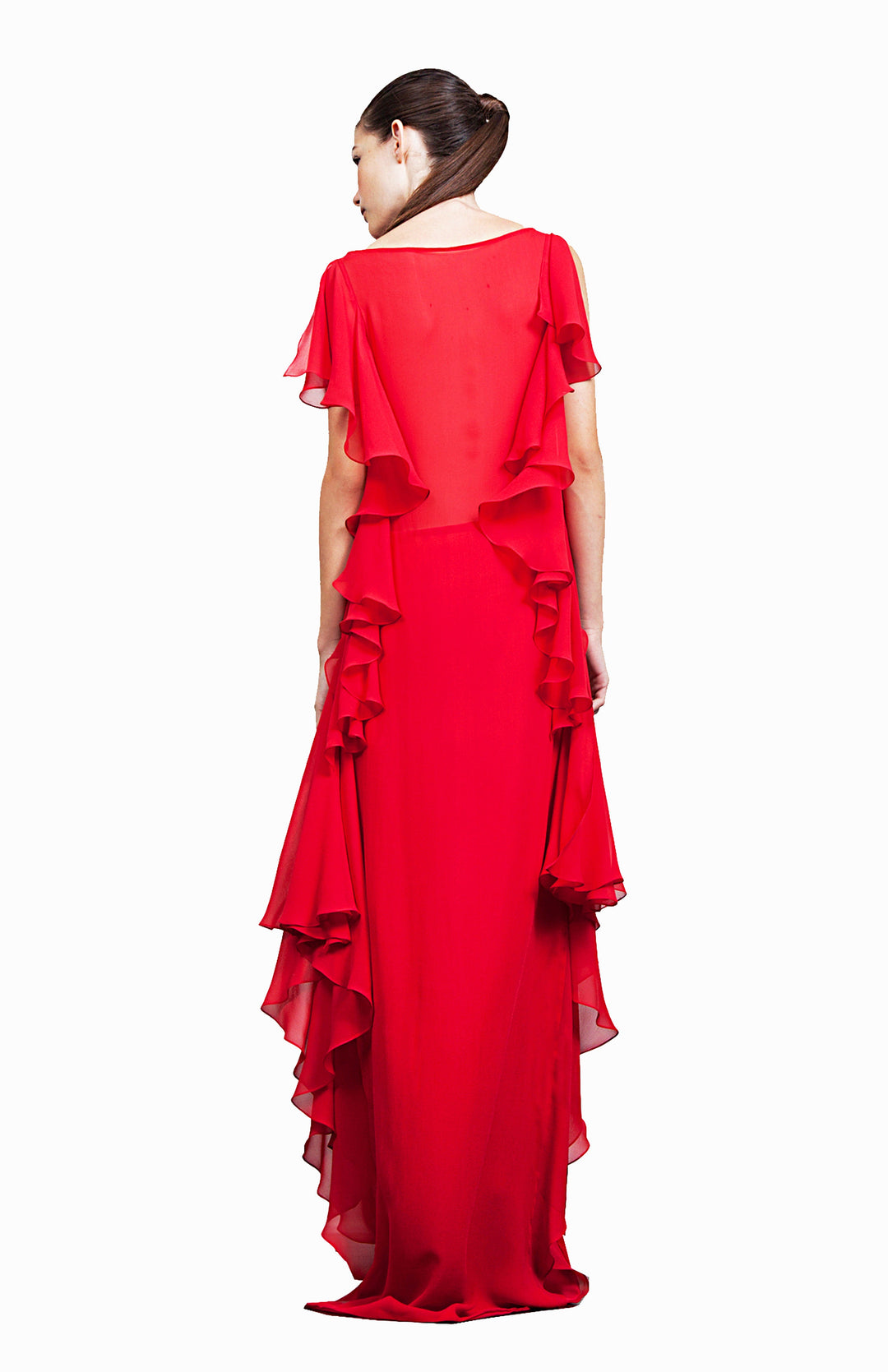 long red silk dress with frills