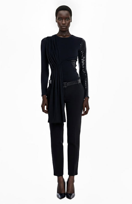 black draped jersey long sleeve top