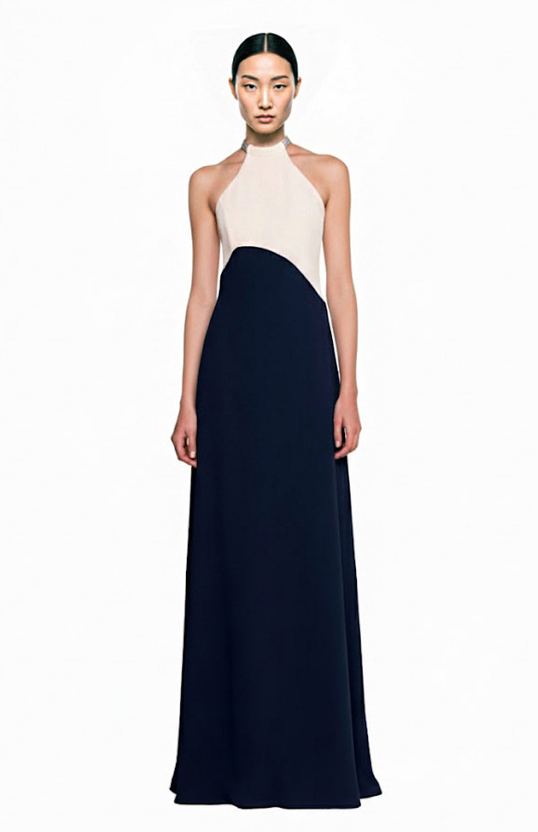 model is wearing long silk colorblock gown
