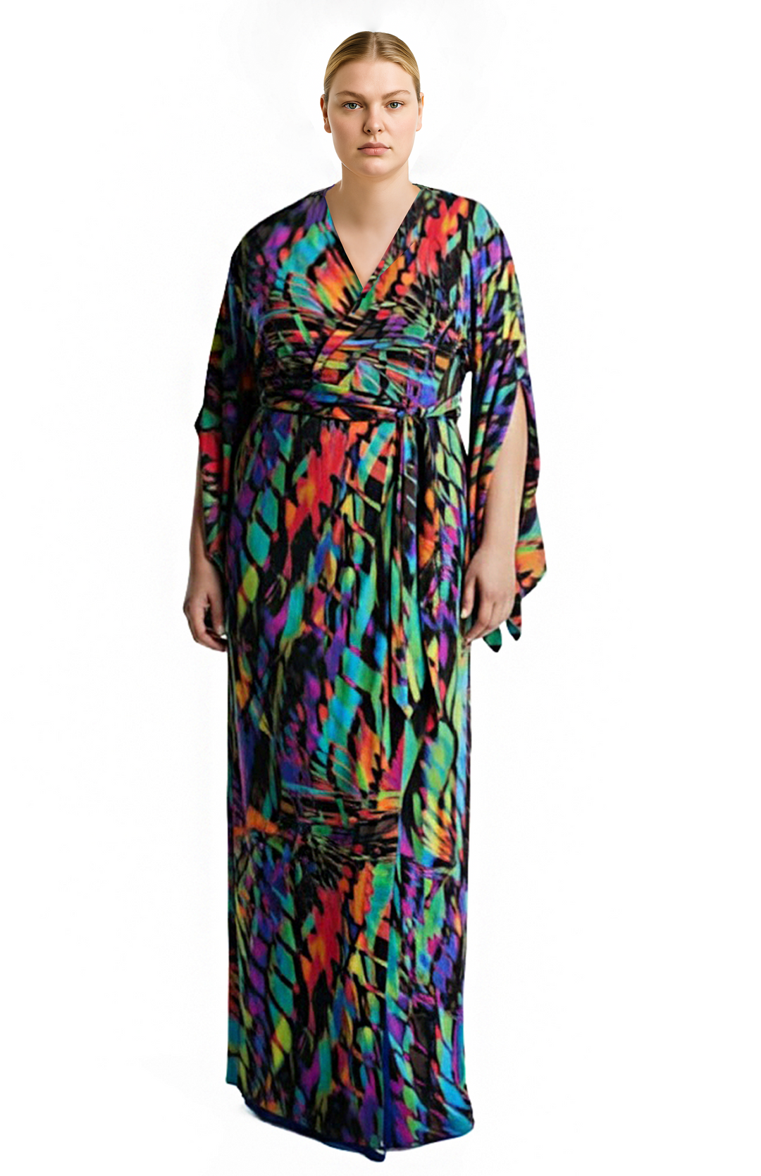 plus size model is wearing a long printed  wrap dress