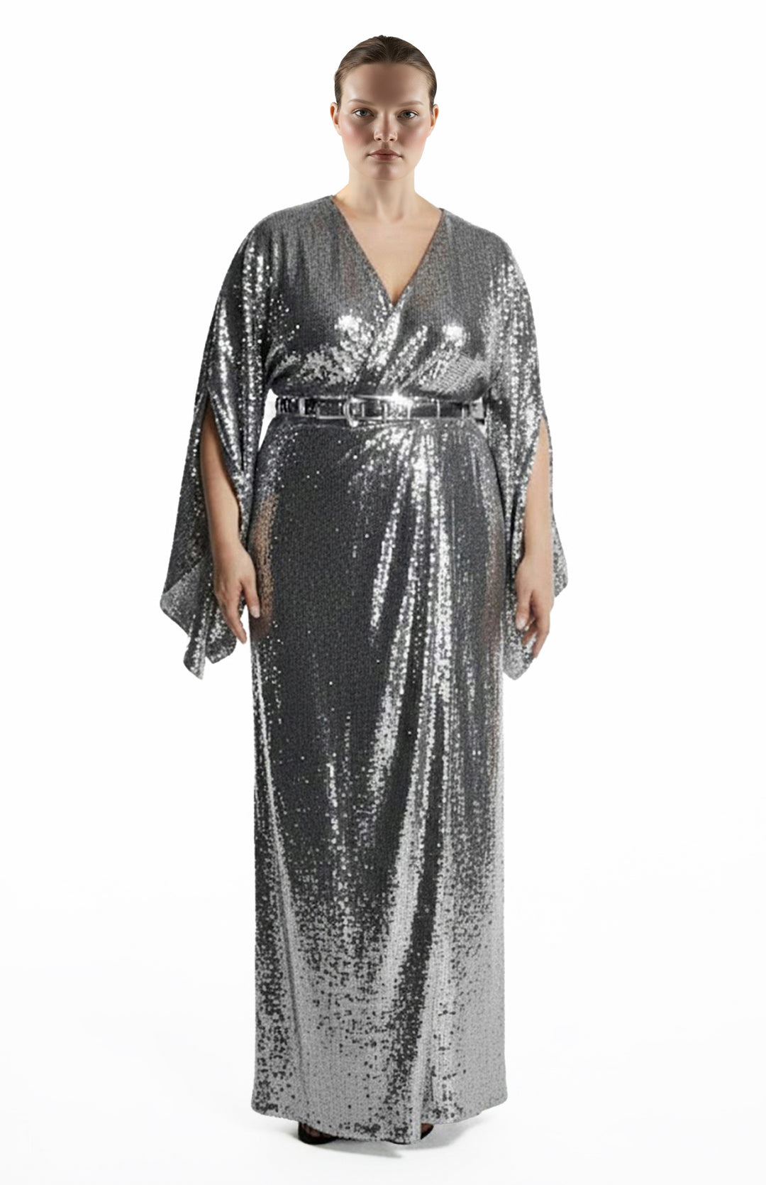 plus size model is wearing a long silver sequin wrap gown 