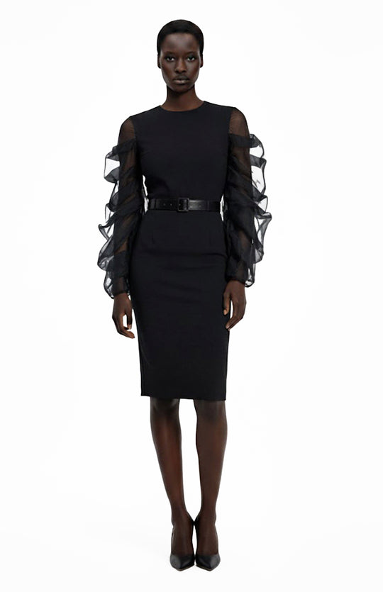 black knee length cocktail dress with sheer sleeves