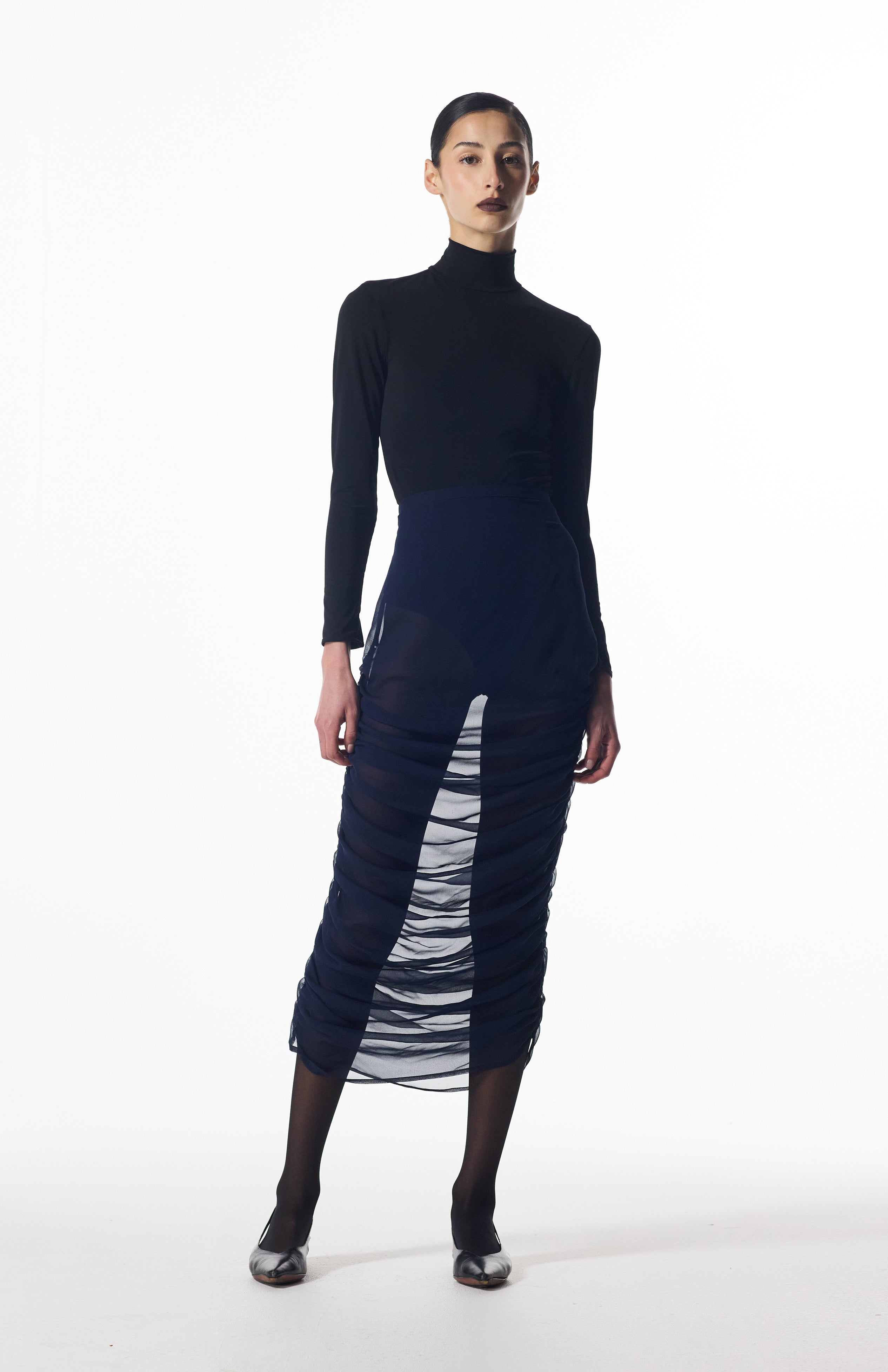 Navy Sheer draped silk skirt