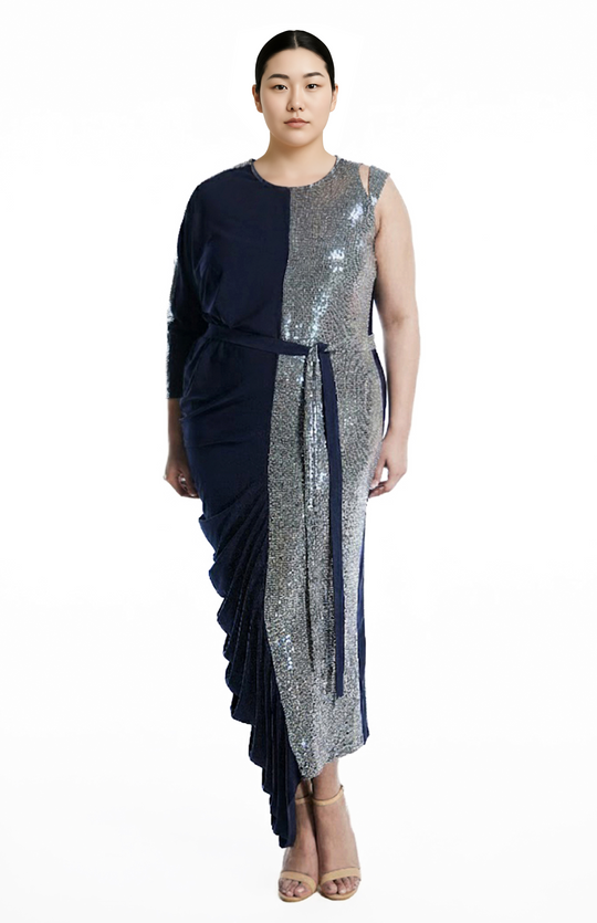 Long draped sequin and jersey plus size dress