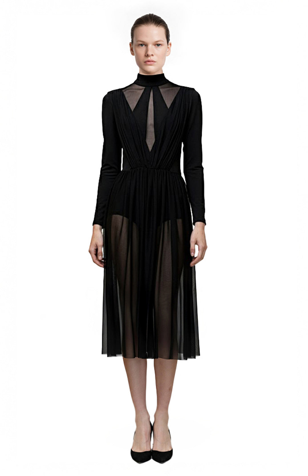 model wearing turtleneck black bodysuit sheer dress
