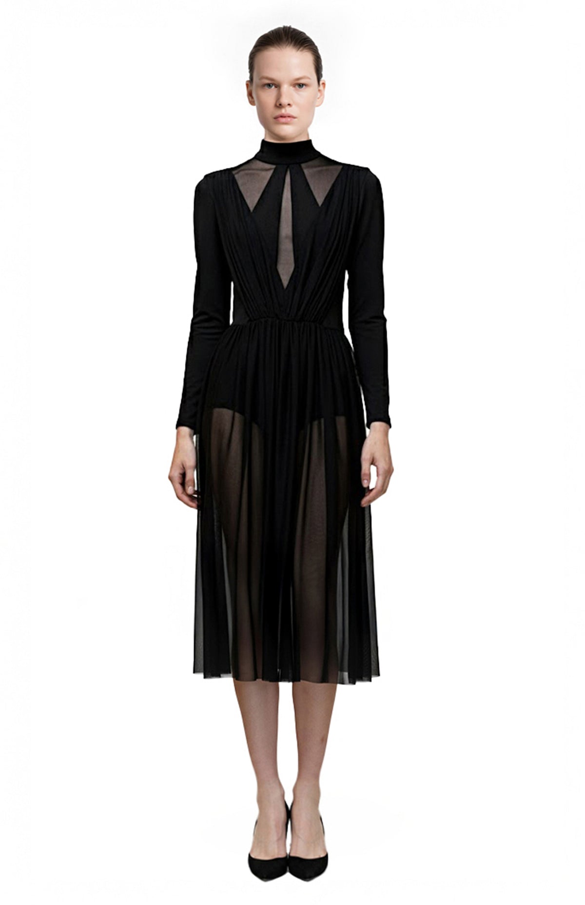 model wearing turtleneck black bodysuit sheer dress