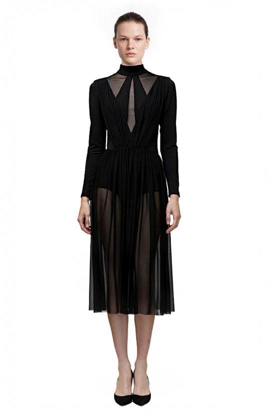 model wearing turtleneck black bodysuit sheer dress