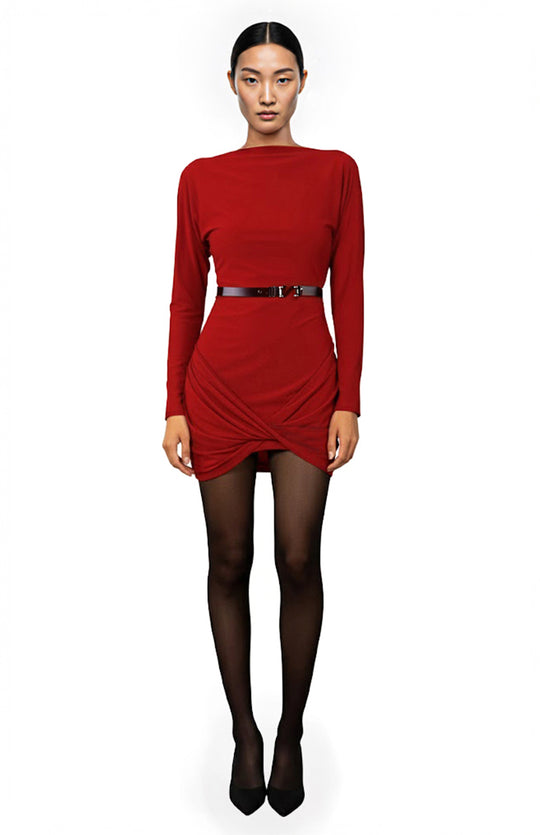 model wearing mini draped jersey dress in dark red