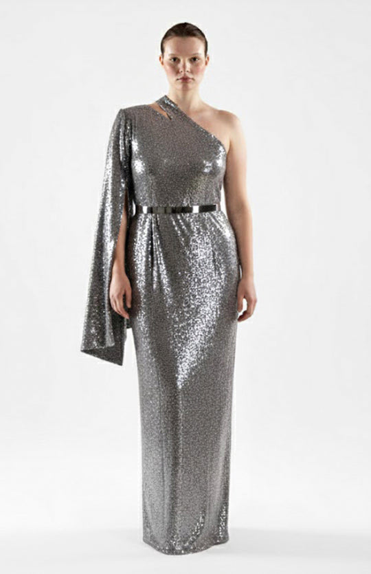 plus size model wearing long one sleeve silver sequin dress