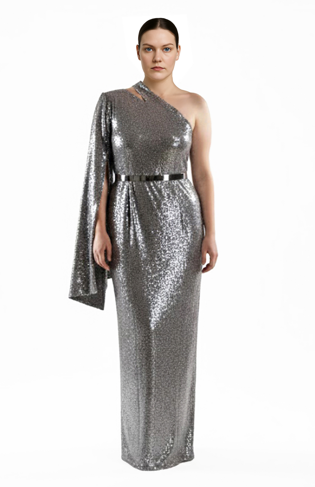plus size model wearing long one sleeve silver sequin dress