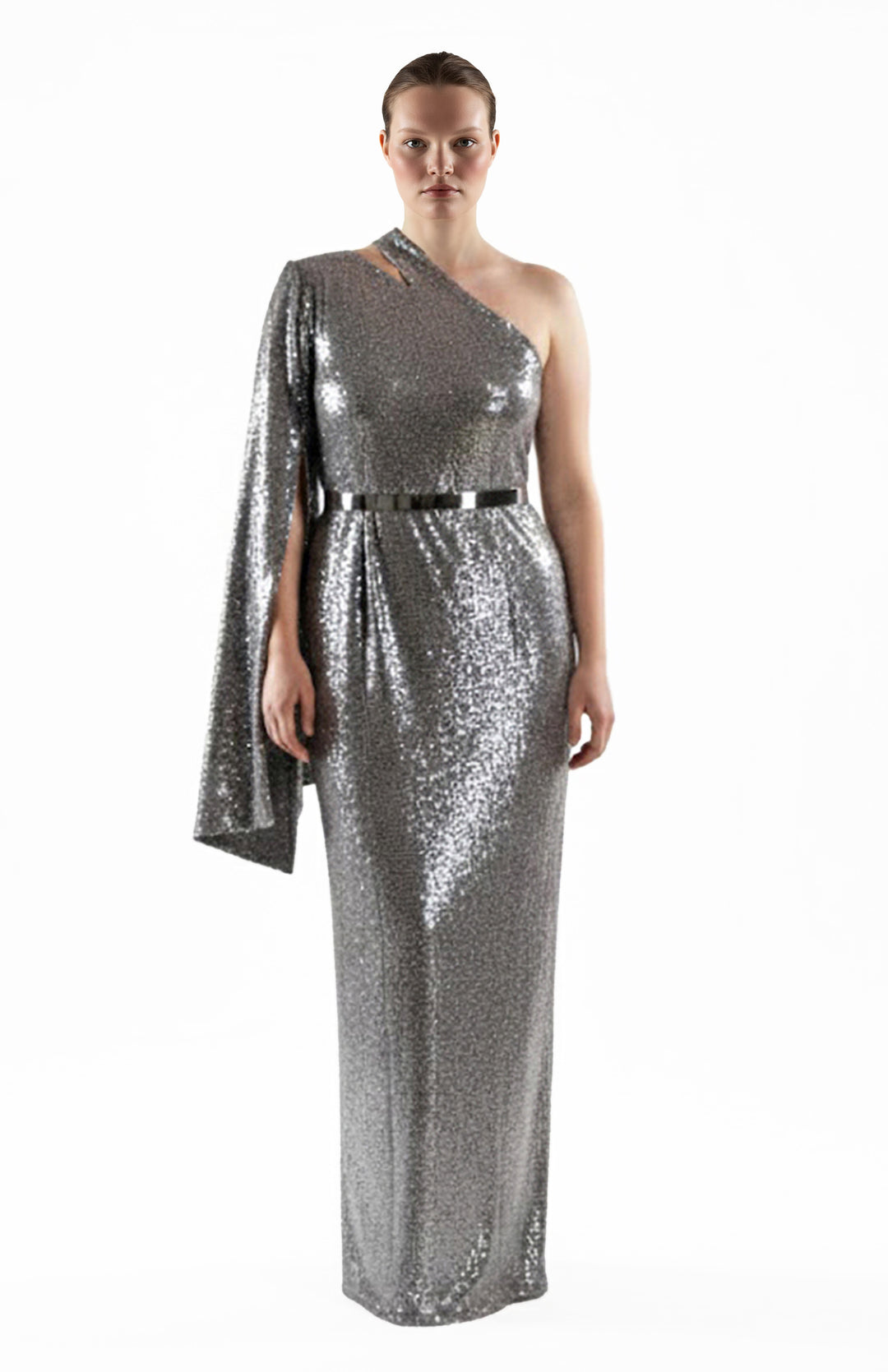 plus size model wearing long one sleeve silver sequin dress