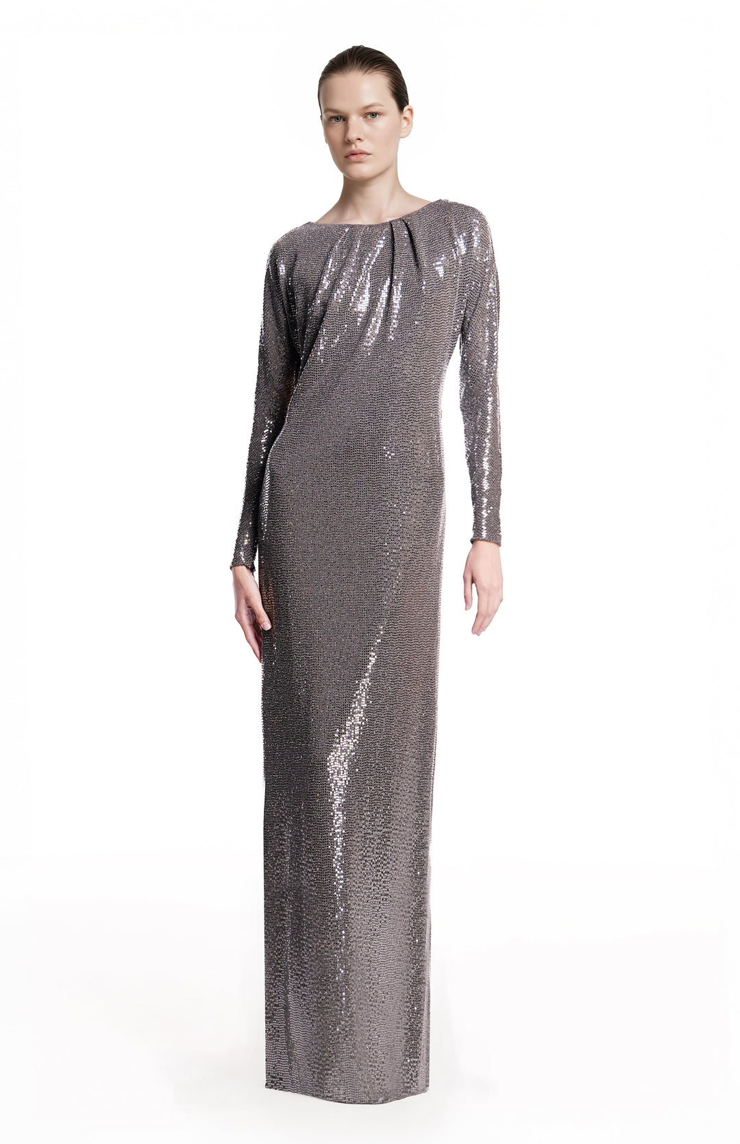 Long silver sequin gown on a model