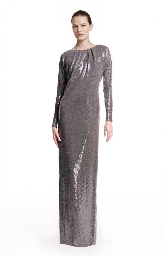 Long silver sequin gown on a model