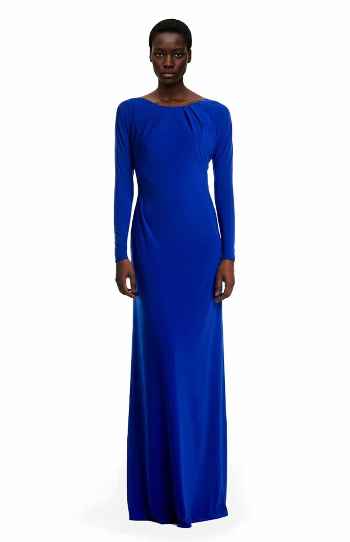 Model wearing long cobalt blue jersey dress with sleeves