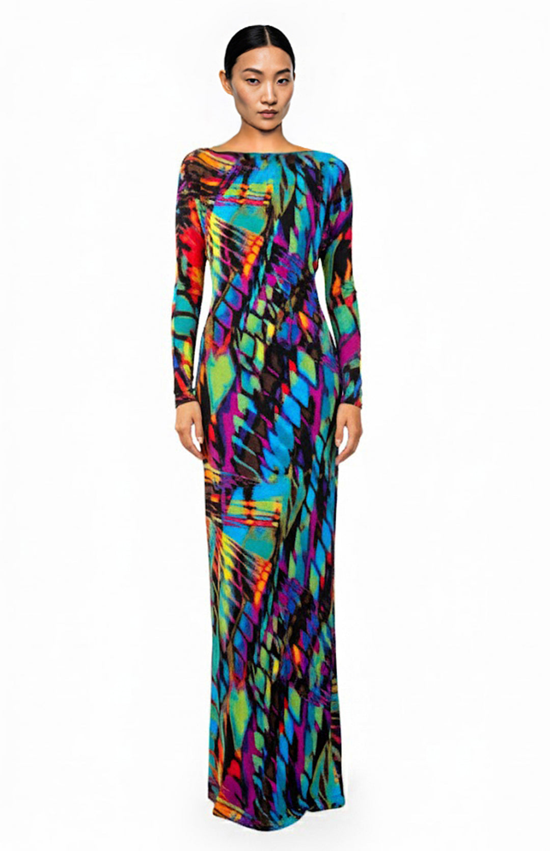 Model is wearing long sleeve, long animal print jersey dress