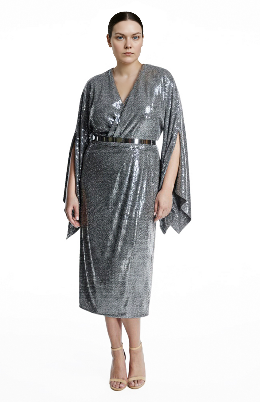plus size model wearing silver sequin cocktail dress