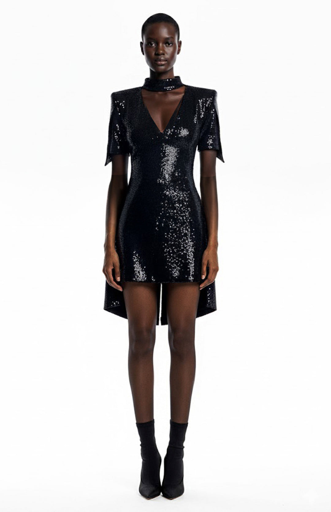 mini black sequin dress with short sleeves and back tails